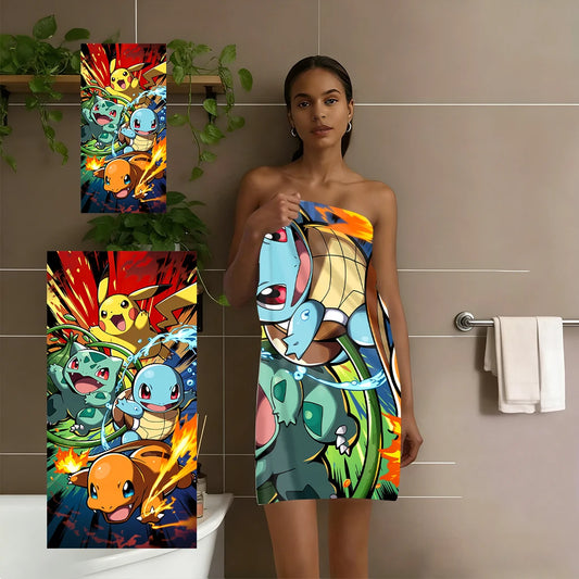 Pokemon Starters & Pikachu Beach Towel, Anime Super Soft Quick-Dry Bath Towel