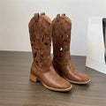 Soft Leather Embroidered Western Cowboy Boots Women's New 2026 Vintage Style Desert Summer Boots Brown Mid-Calf Boots