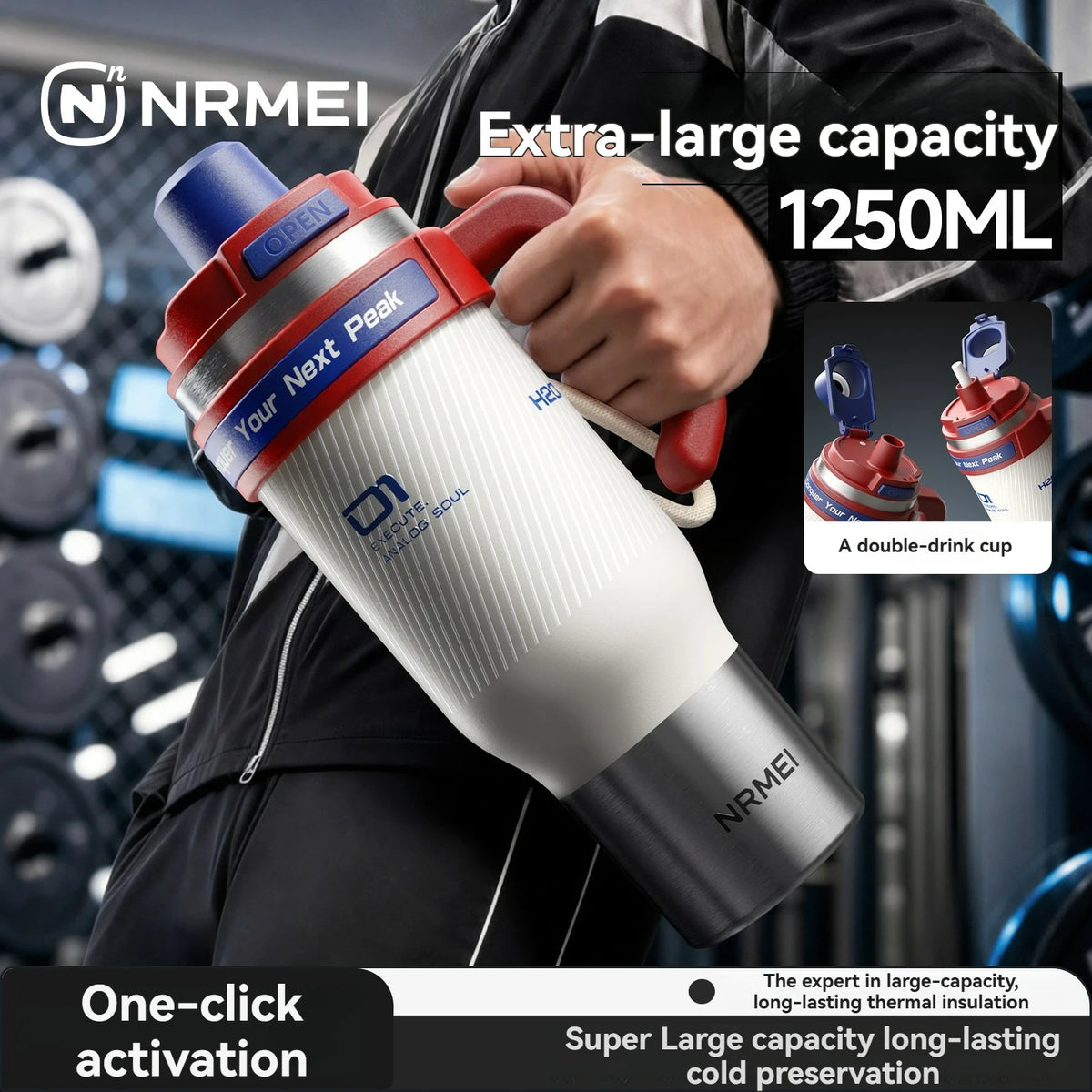 1250ml Stainless Steel Ceramic Tumbler, 72 Hours Cold Ice Portable Thermal Insulated Water Bottle With Straw Large Capacity Cup