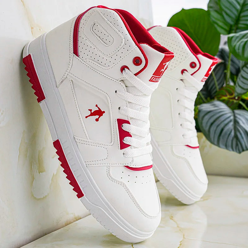Men's White High-Top Color Block Sneakers, Lace-Up Casual Skate Shoes for Streetwear
