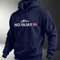 Unisex Nordic-style hoodie featuring a small graphic print of a Norwegian mountain peak and flag perfect for an outdoor vibe.