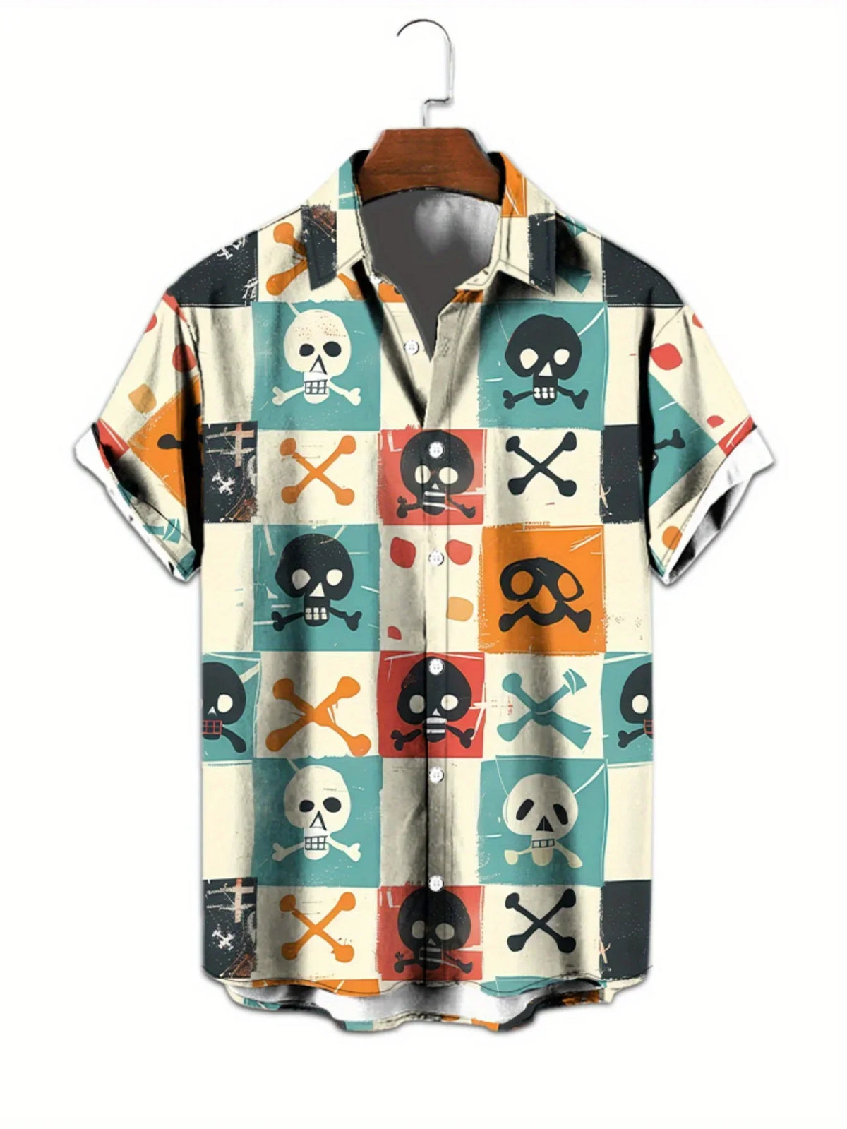 Men Retro Grid Skull Crossbone Print Hawaiian Shirt Beach Aloha Blouse Multiple Styles Available
