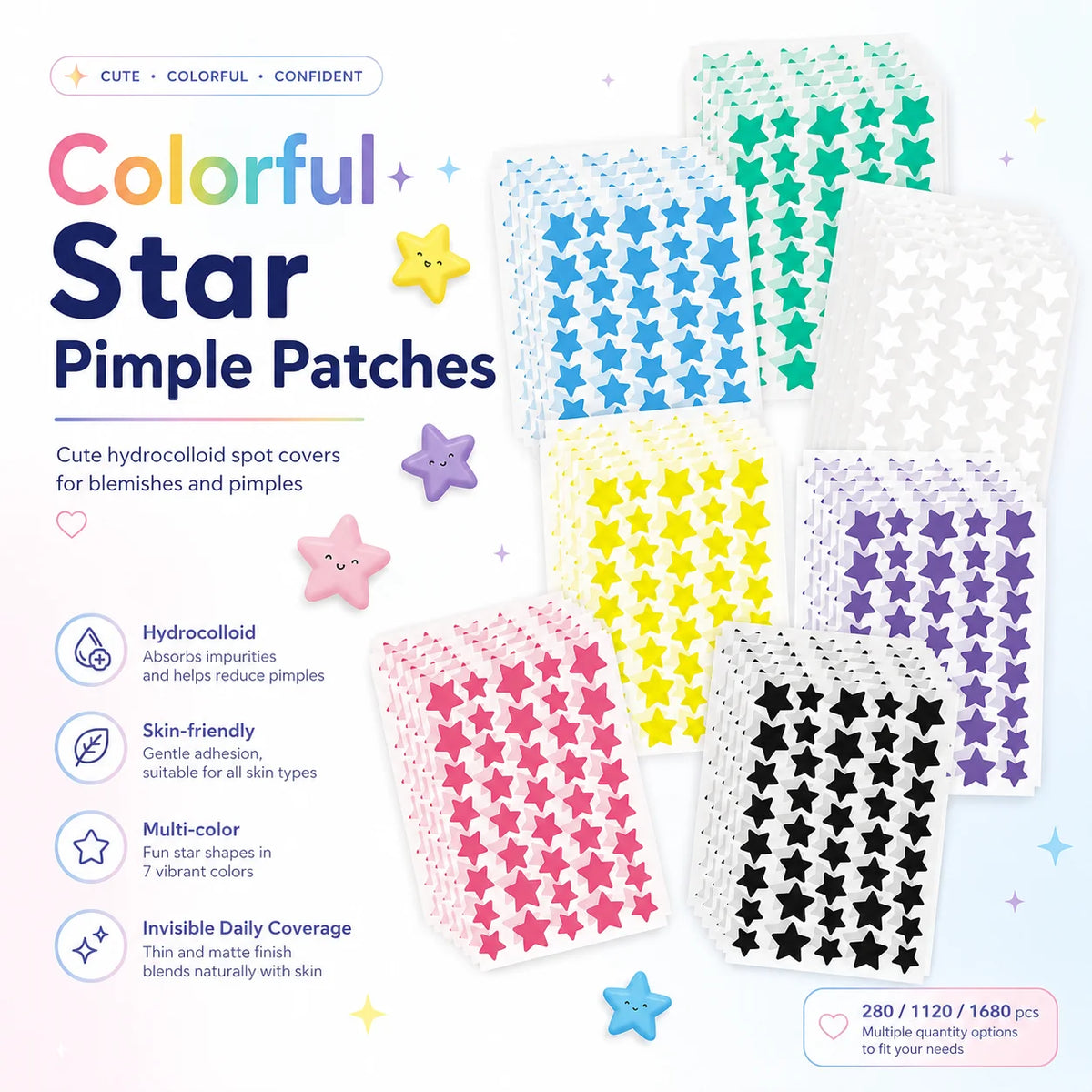 280/1120/1680pcs Seven-Color Star Pimple Patches Invisible Hydrocolloid Dots for Fun & Gentle Skincare