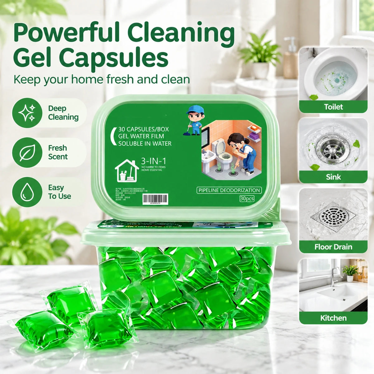 Biodegradable Drain Deodorizer Pods for Bathroom Kitchen Homeowners Long-Lasting Odor