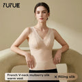 Women's French V-Neck Modal Thermal Vest Built-in Bra 100% Mulberry Silk Lining Warm Camisole
