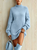 Women's Plush Half-Turtleneck Sweater Dress, Autumn/Winter Casual Loose-Fit Short Dress