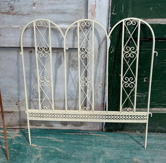 Decorative Garden Trellis Panel with Scrollwork, White Metal, 62W x 64.5H cm, Arched Design with Heart Pattern