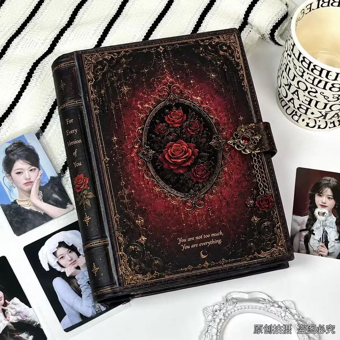 A5 Dark Rose PU Leather Photocard Binder Gothic Magnetic Loose Leaf Album for 3 Inch Card Storage