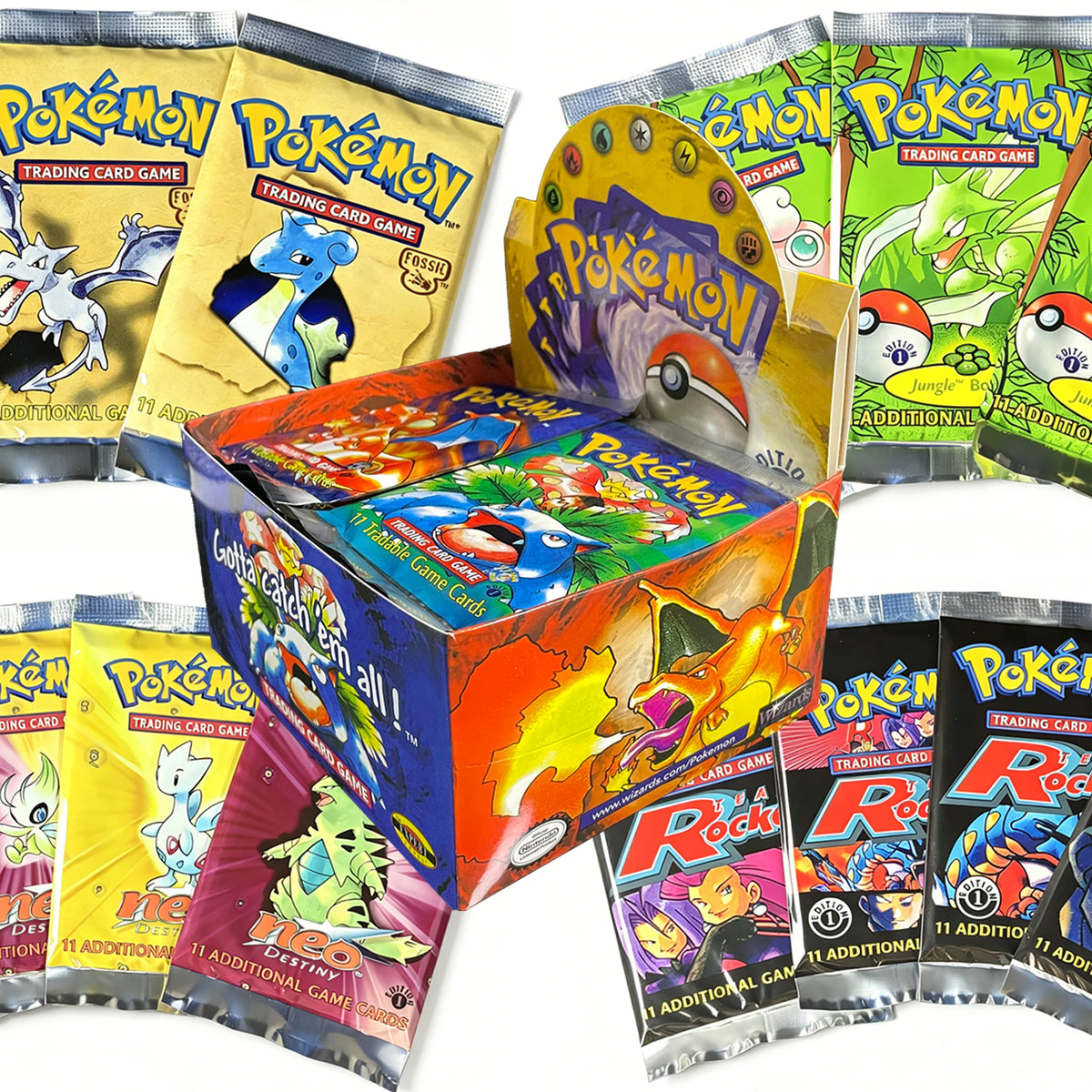 Vintage PKM Tcg Booster Box & Packs Base-Jungle-Fossil-Rocket-Destiny 1ST EDITION Full Art Reproduction Trading Card Game Sealed