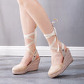 Crystal Queen Women's Wedges Espadrilles Sandals Summer Ankle Cross Strap Gladiator Casual Hemp Canvas Pumps Shoes