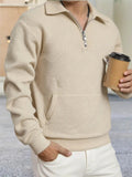 Men Geometric Jacquard Sweatshirt Quarter Zip Polo Neck Long Sleeve Loose Daily Pullover