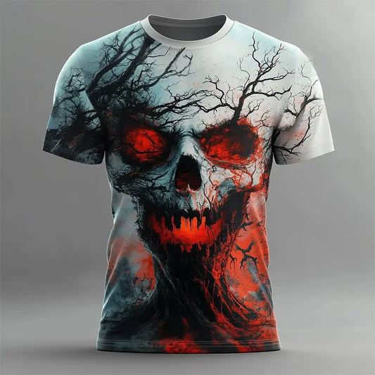 Vintage Men's Horror Red Eye Skull Graphic T-Shirt 3D Full Print Bloody Scary Skull Short Sleeve Halloween Party Tee Tops