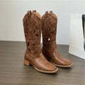 Soft Leather Embroidered Western Cowboy Boots Women's New 2026 Vintage Style Desert Summer Boots Brown Mid-Calf Boots