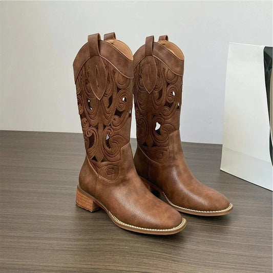 Soft Leather Embroidered Western Cowboy Boots Women's New 2026 Vintage Style Desert Summer Boots Brown Mid-Calf Boots