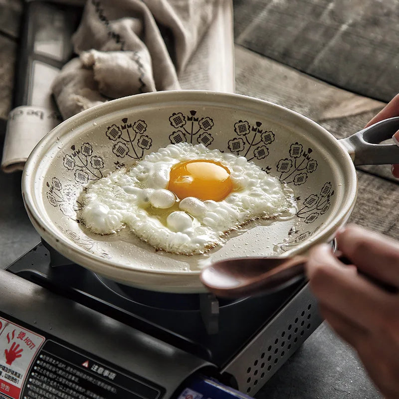 Retro High Temperature Resistant Ceramic Casserole Household Handle Plate Steak Plate Omelette Pan Flat Bottom Casserole