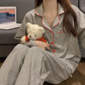 Women's Long Sleeve Loose Breathable Student Sleepwear Loungewear Cardigan Gray Striped Ladies Stripe Fashion Pajamas Homewear