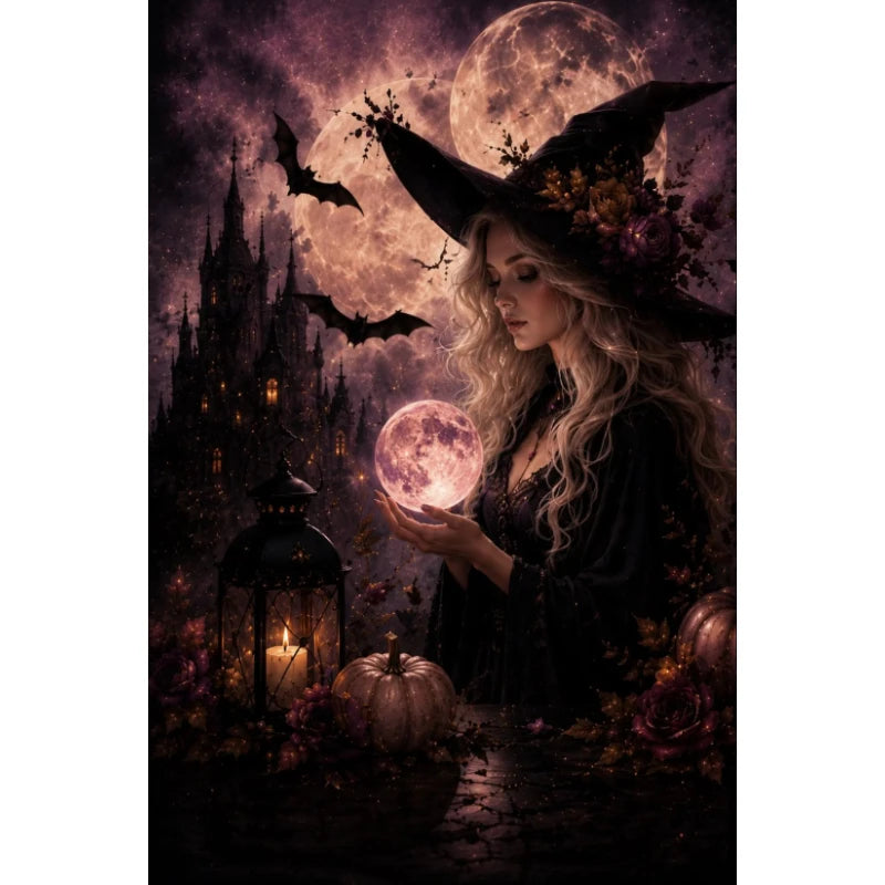 5D DIY Diamond Painting Kit, Gothic Blonde Witch with Floral Witch Hat, Magical Halloween Night Fantasy Artwork
