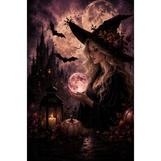 5D DIY Diamond Painting Kit, Gothic Blonde Witch with Floral Witch Hat, Magical Halloween Night Fantasy Artwork