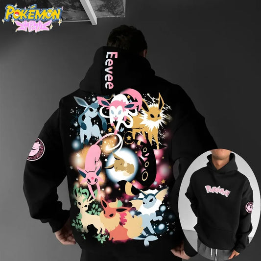 2025 Pok Mon Classic Character Eevee Family Printed Men and Women Autumn/Winter Thick and Wide Y2K Halloween COS Wide Hoodie