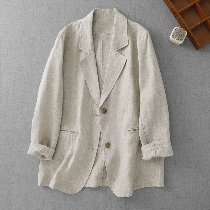 Women Linen Blazer French Vintage Loose Oversized Two Button Lightweight Sun Protection Suit Jacket