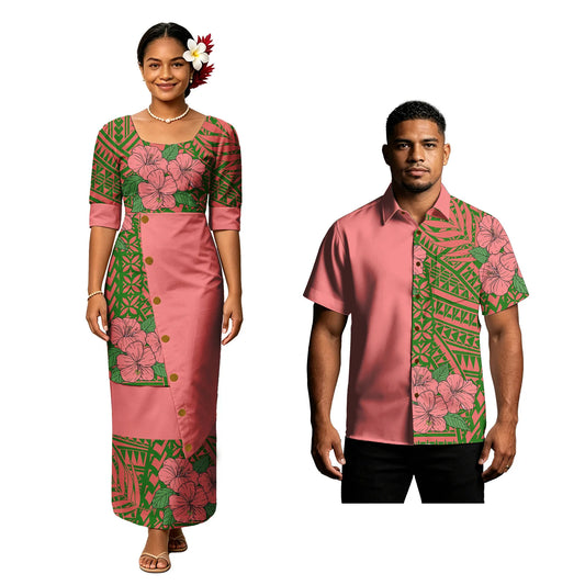 Women Top and Skirts 2pc Set Island Dress Pacific Men Aloha Shirts Lady Midi Sleeve U-Neck Samoan Puletasi Couple Suit Fiji Tapa