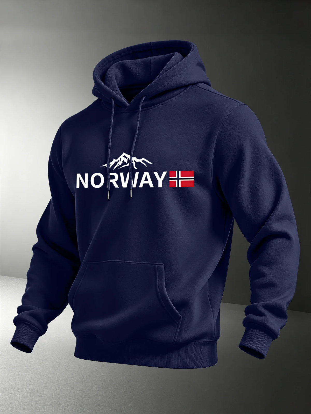 Unisex Nordic-style hoodie featuring a small graphic print of a Norwegian mountain peak and flag perfect for an outdoor vibe.