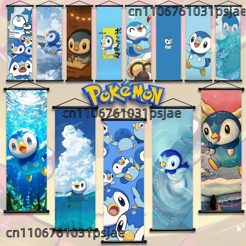 Pok mon Piplup Art Scroll Hanging Poster, Hi - Qual., Cute Anime Wall Decor, Show Adorable Look for Fans, Vivid Design for Home