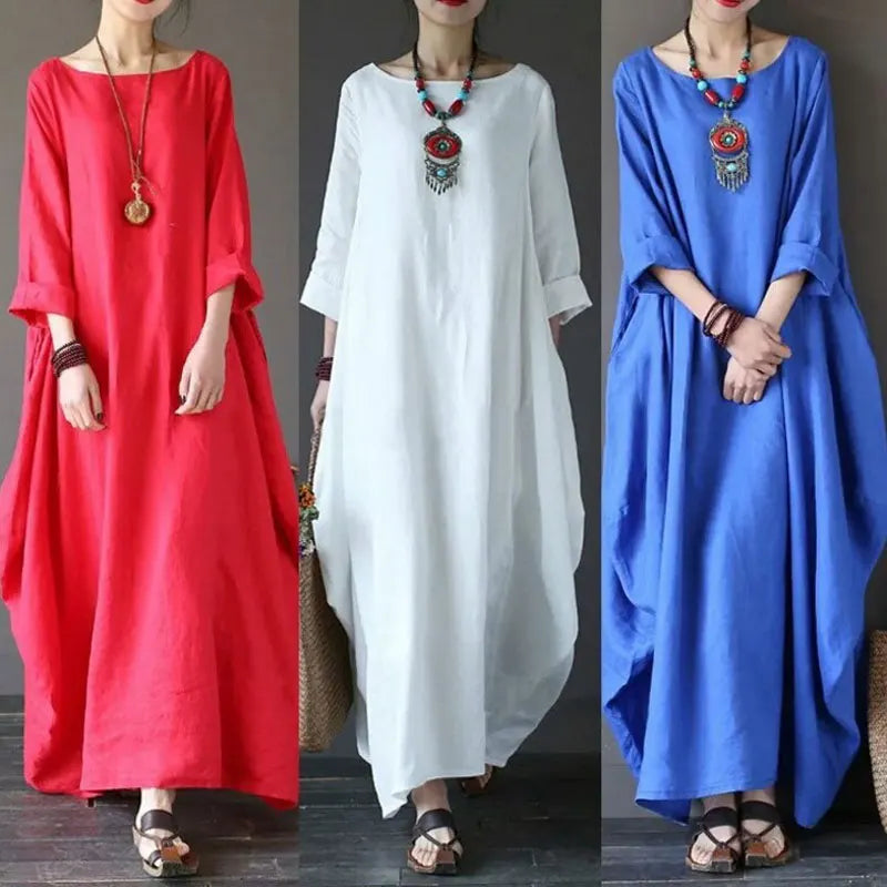 Plus Size Loose Linen Long Dress New Of The Season Cross-Border Wish Bestseller Maxi Skirt Knitted Princess Sleeve