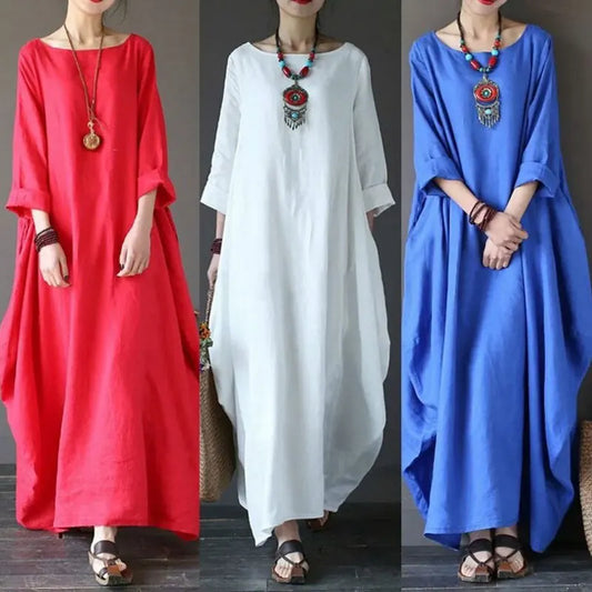 Plus Size Loose Linen Long Dress New Of The Season Cross-Border Wish Bestseller Maxi Skirt Knitted Princess Sleeve