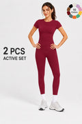 Ladies Sportswear Set (Short Sleeve Top + Long Pants) Fitness Gym Workout Clothing Running Yoga Ensemble