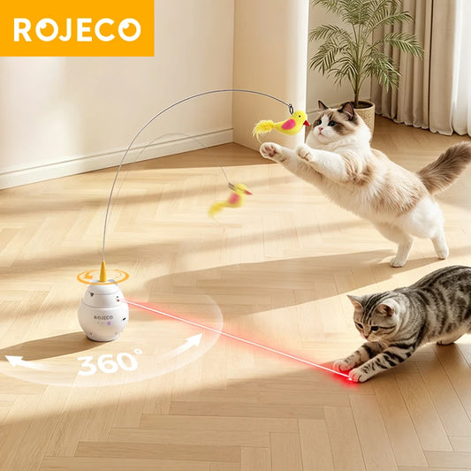 ROJECO 2 in 1 Interactive Laser Cat Toy with Suction Automatic Feather Teaser Toys for Cat Pet Smart Kitten Indoor Toy Supplies