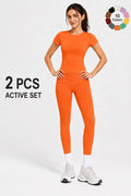 Ladies Sportswear Set (Short Sleeve Top + Long Pants) Fitness Gym Workout Clothing Running Yoga Ensemble