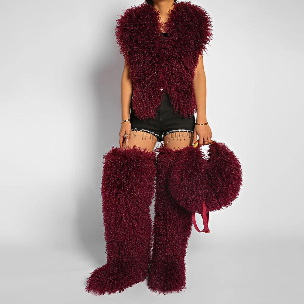 Womens Burgundy Faux Mongolian Thigh Highs Faux Fur Boots Y2k Fluffy Boots