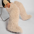 Womens Burgundy Faux Mongolian Thigh Highs Faux Fur Boots Y2k Fluffy Boots