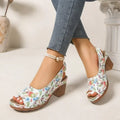 Floral Print Peep Toe Slingback Sandals Women Platform Chunky Block Heels