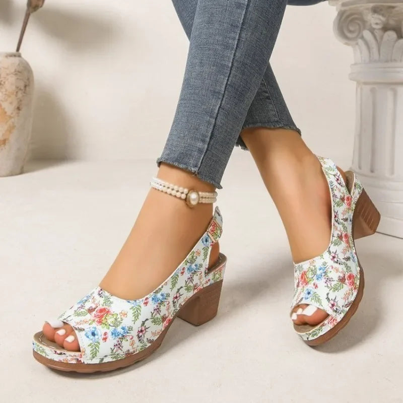 Floral Print Peep Toe Slingback Sandals Women Platform Chunky Block Heels