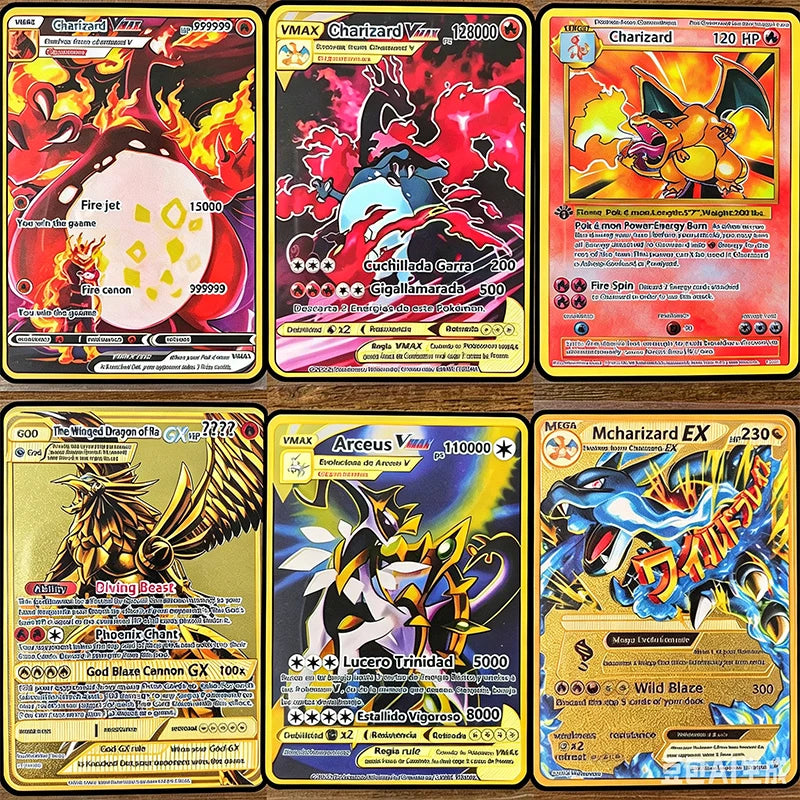 The Winged Dragon of Ra GX Charizard Theme Metal Mewtwo 6Pcs Gold Foil Fan Art Trading Cards Collection Toy Gift