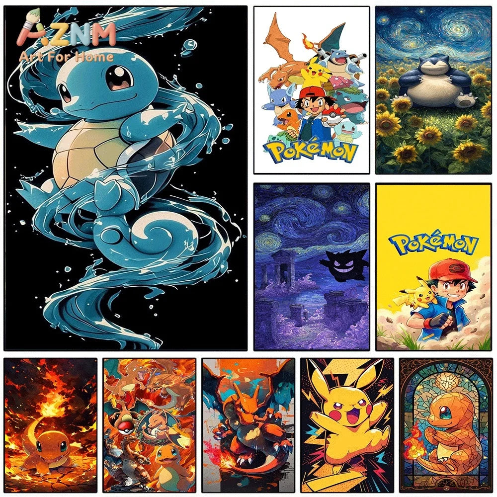 AZNM Squirtle Water Splash Effect Anime Canvas Wall Print, Popular Game Character Art Poster, Unframed Canvas Painting for Kid