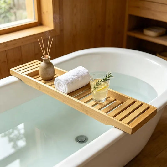 Multifunctional Bamboo Bathtub Rack, European Spa Bath Tub Tray Table, Flat Storage Shelf