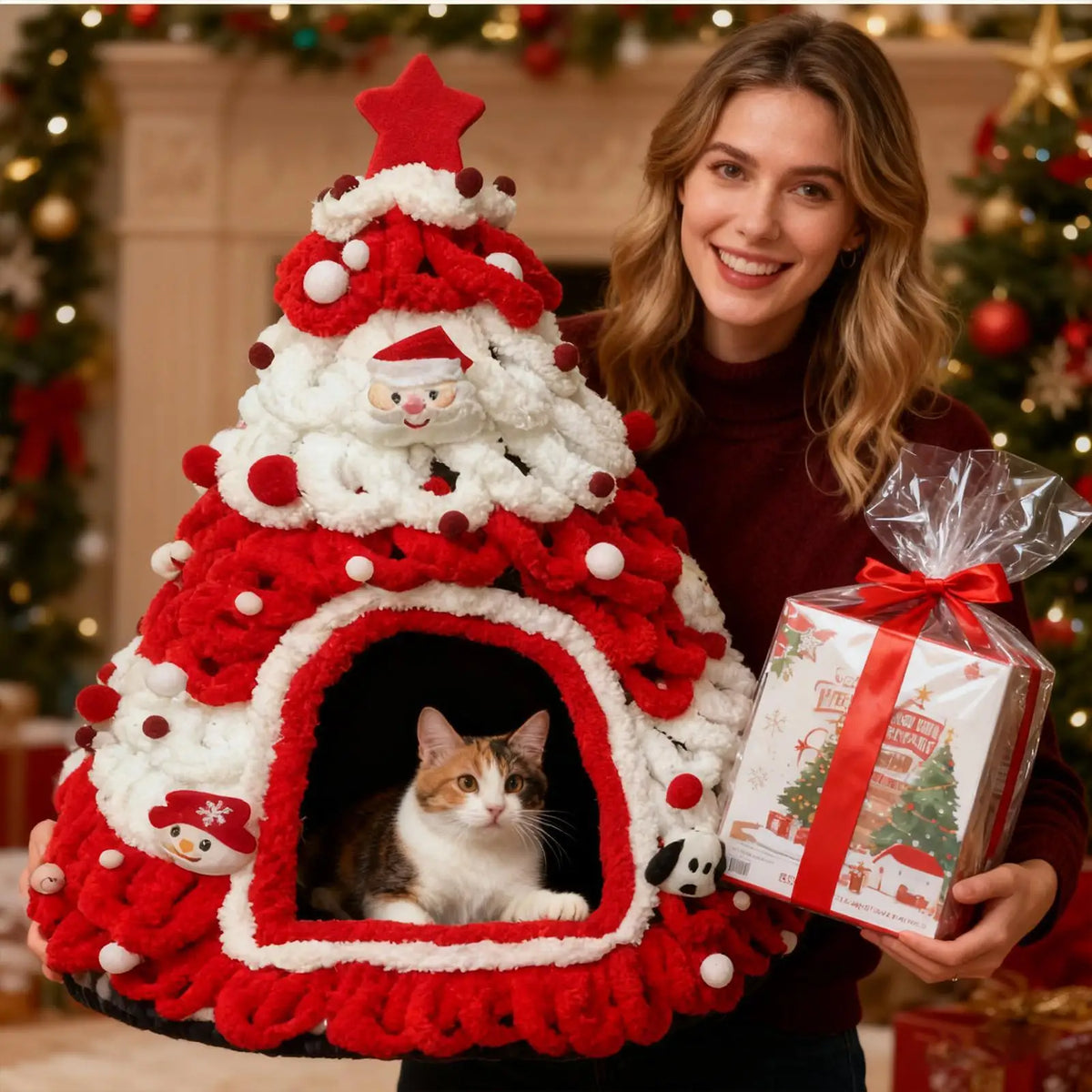 new Christmas Tree Shaped Knitted Dog & Cat Hut Thick Chenille Yarn Winter Pet Condo Lightweight Stable Structure