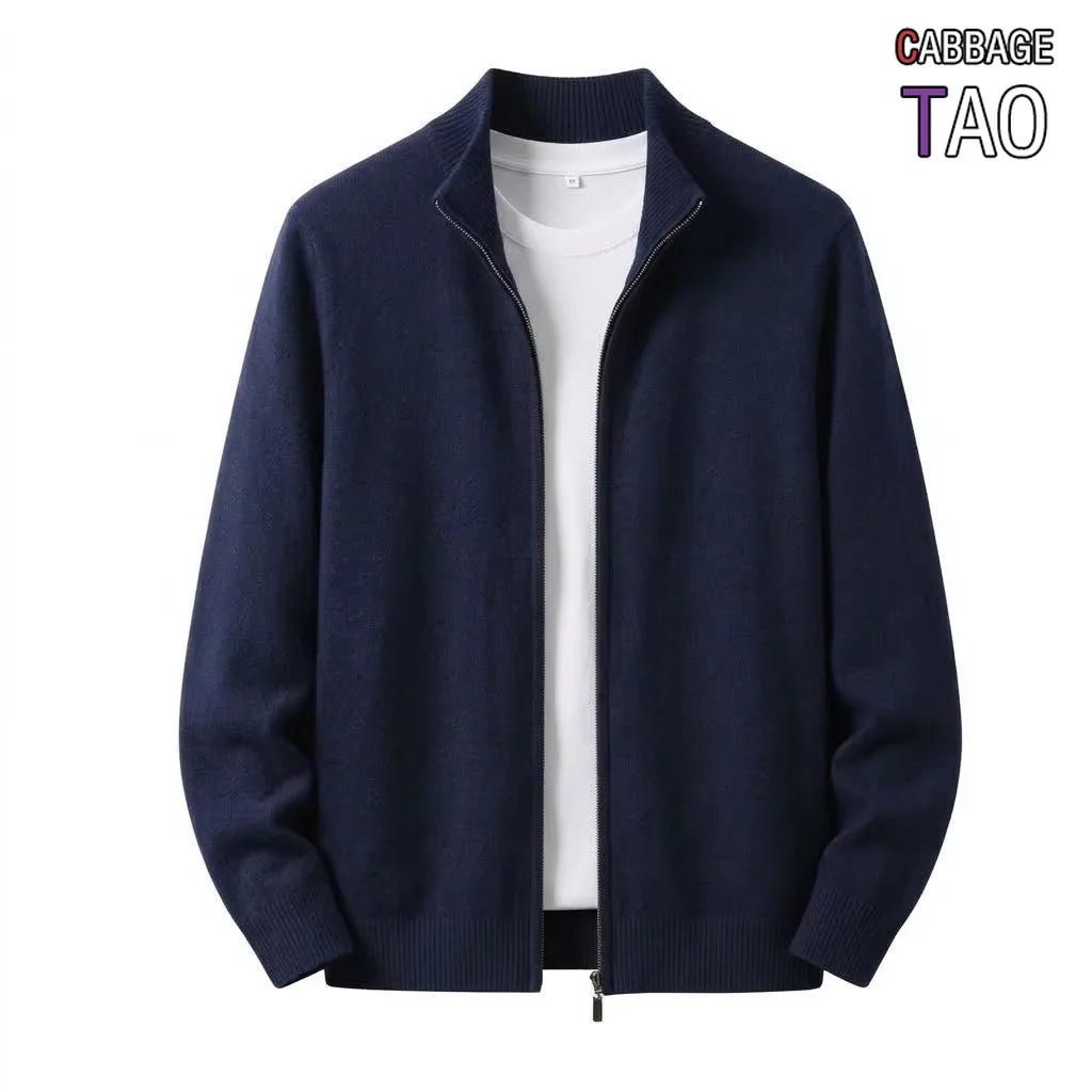 New Mens Zipper Knitted Cardigan Jumper Relaxed Stand Neck Knit Warm Overcoat Winter Baggy Fit Outer Garment for Males Pullovers