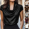 Fashioin Women's Satin Cowl Neck Short Sleeve Blouse Smooth Silk-Like Fabric Elegant Draped Neckline Top For Office Evening Wear