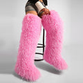 Womens Burgundy Faux Mongolian Thigh Highs Faux Fur Boots Y2k Fluffy Boots