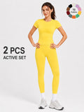 Ladies Sportswear Set (Short Sleeve Top + Long Pants) Fitness Gym Workout Clothing Running Yoga Ensemble