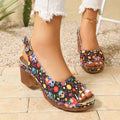 Floral Print Peep Toe Slingback Sandals Women Platform Chunky Block Heels