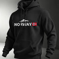 Unisex Nordic-style hoodie featuring a small graphic print of a Norwegian mountain peak and flag perfect for an outdoor vibe.
