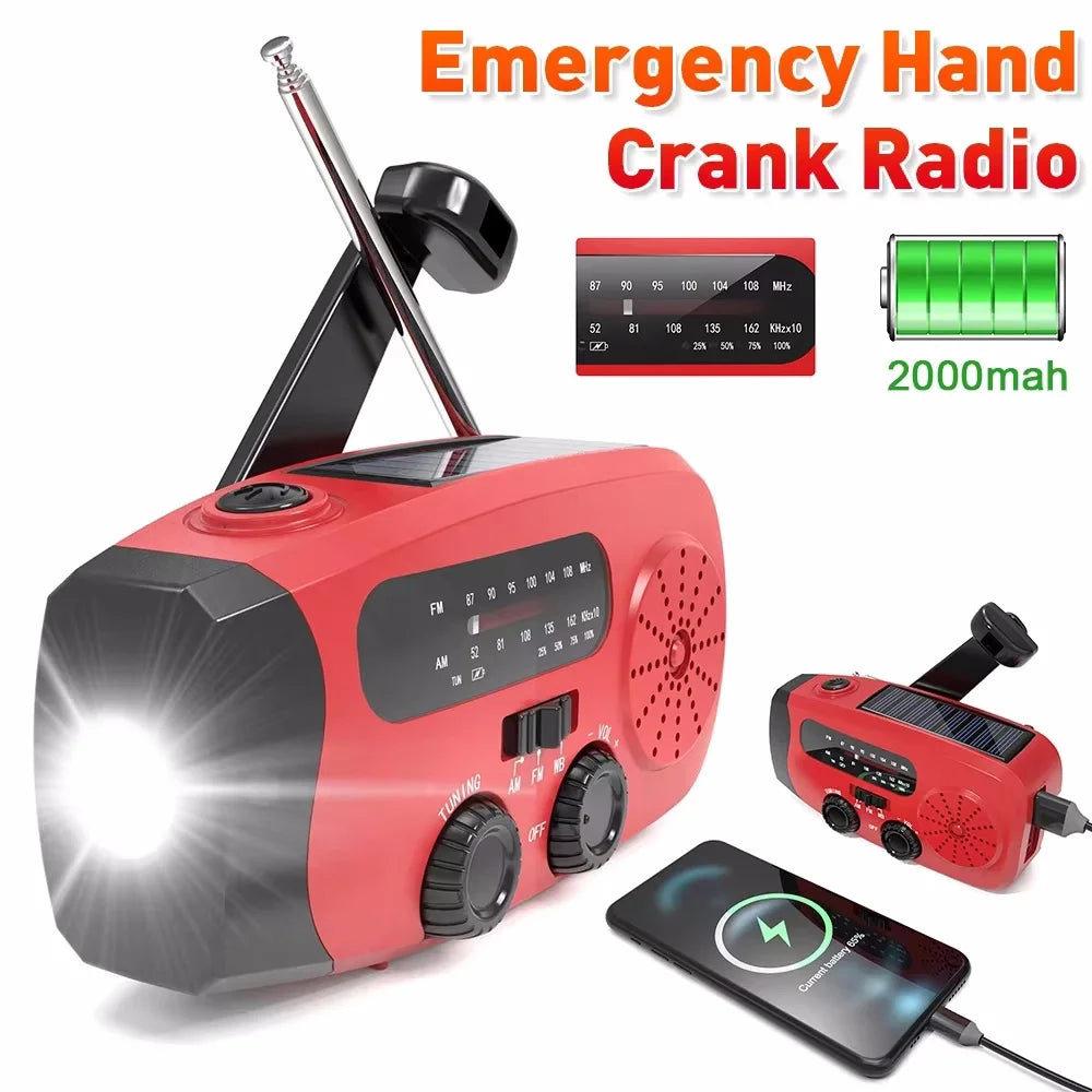 Multifunctional Solar Hand Crank Radio FM AM WB NOAA Weather Radio 2000mAh USB Charging