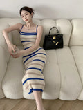 Elegant Camisole Dress Women's Summer New Sleeveless Slim Knitted Striped Midi Dress3085#