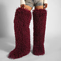 Womens Burgundy Faux Mongolian Thigh Highs Faux Fur Boots Y2k Fluffy Boots