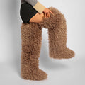 Womens Burgundy Faux Mongolian Thigh Highs Faux Fur Boots Y2k Fluffy Boots